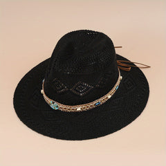 Boho Belt Decor Geometric Crochet Fedora Cap Breathable Summer Beach Hat