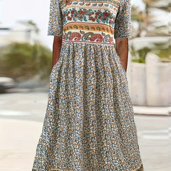 Boho Floral Print Ruched Dress with Pockets