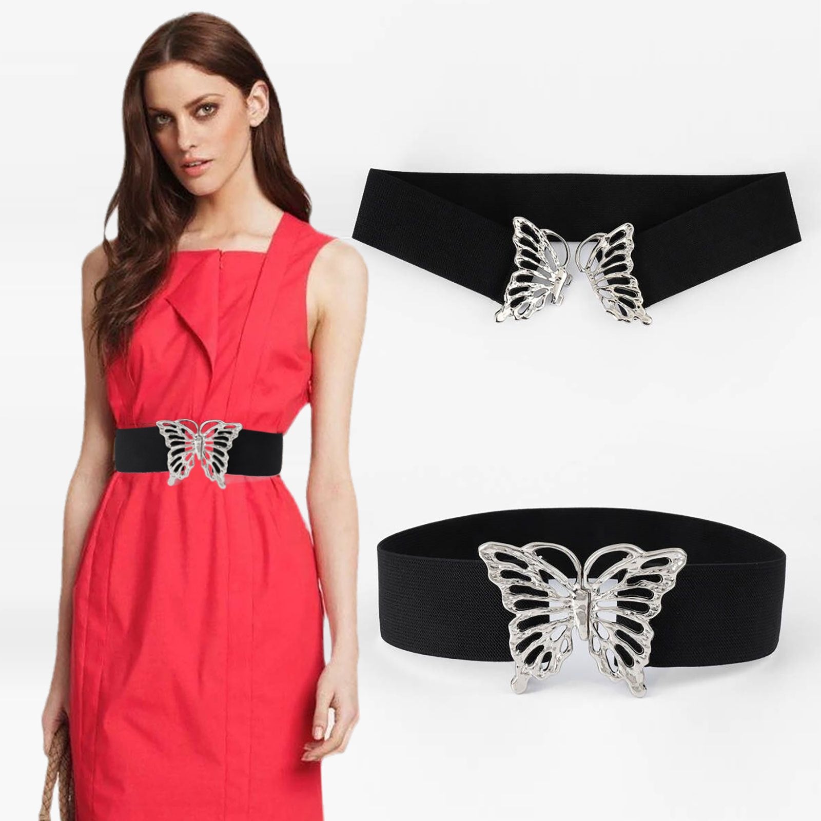 Vintage Butterfly Buckle Elastic Belt Metal Clasp Cinch Buckle Dress Belt