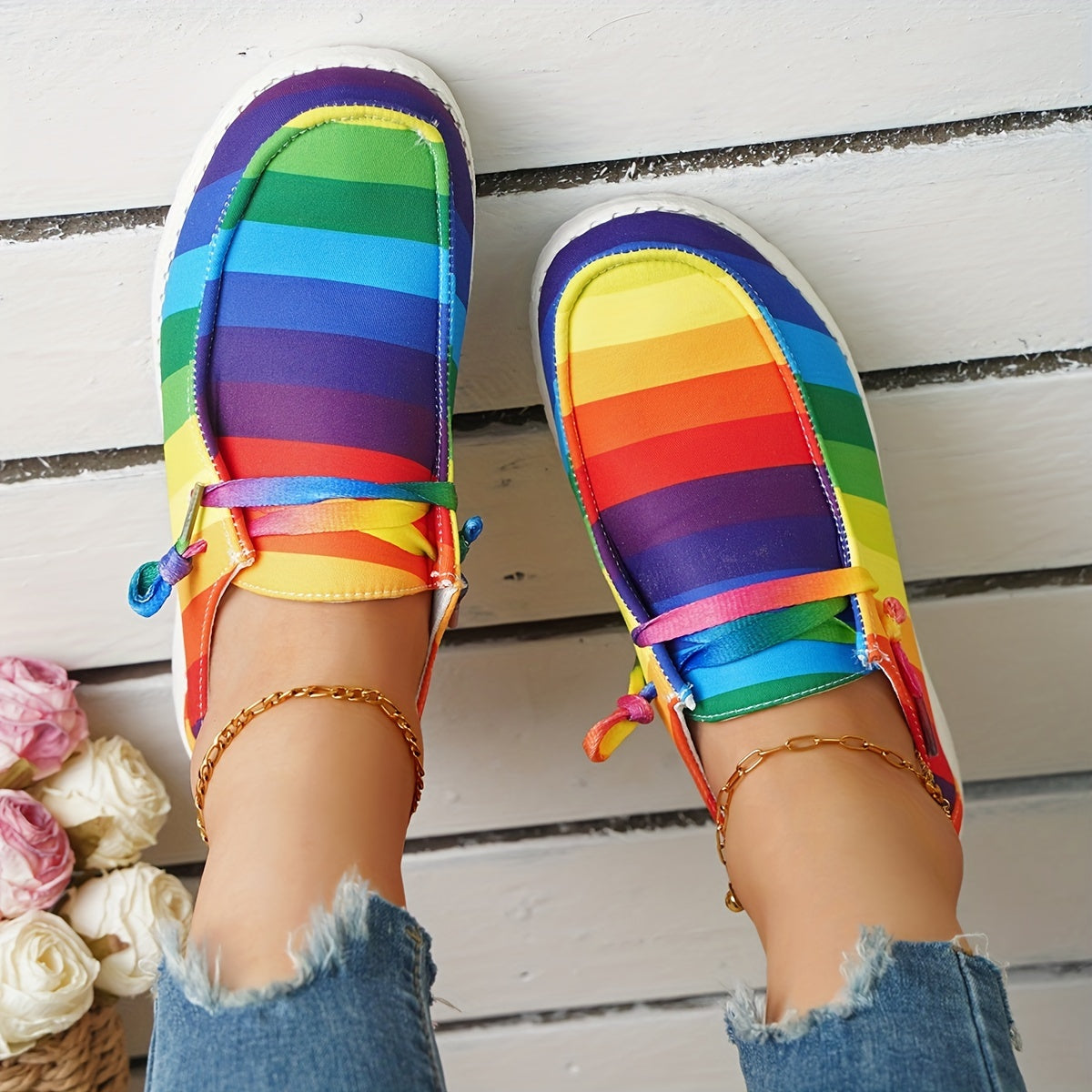 Women's Colorful Striped Canvas Shoes Lightweight Low Top Shoes