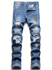 Men Embroidered Ripped Slim Straight Jeans