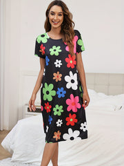 Floral Print Lounge Dress Short Sleeve Casual Crew Neck Home Dress