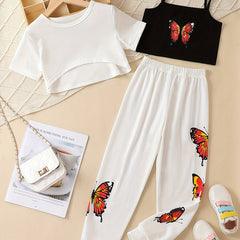 Girls 3pcs Casual Suit T Shirt & Camisole & Pants Set Kids Sports Leisure
