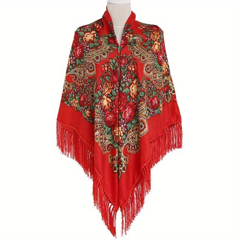 Boho Flower Print Tassel Shawl Cape Solid Cardigan Vintage Large Blanket Scarf