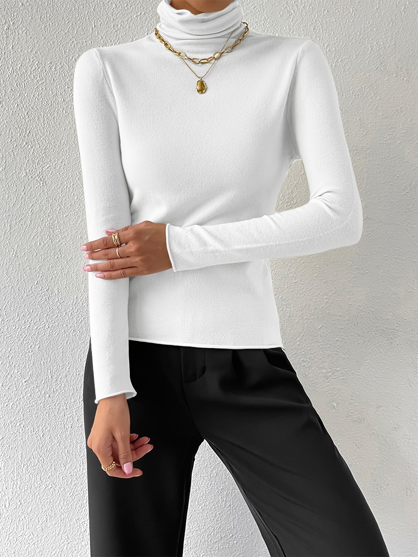 Solid Cowl Neck Sweater Long Sleeve Casual Women's Clothing