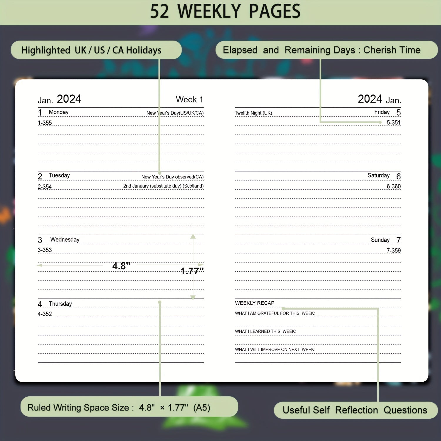 A5 Week To View Diary Jan-Dec Faux Leather Hard Cover
