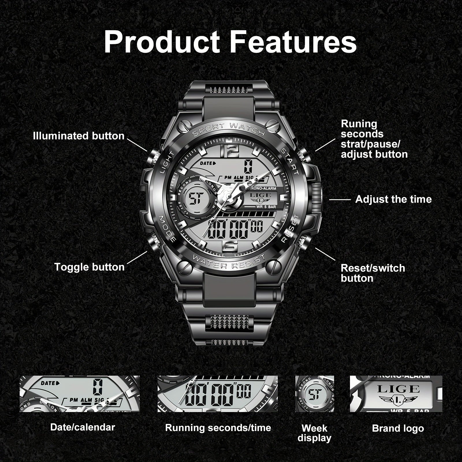 LIGE Boy's Digital Military Watch 50m Waterproof LED Quartz Student Sport Watch