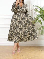 Damask Print Maxi Dress V Neck Flounce Sleeve Waist Nipped