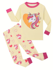 2 Pcs Girls' Unicorn Cotton Pajamas Set Crew Neck Long Sleeve T Shirt & Pants