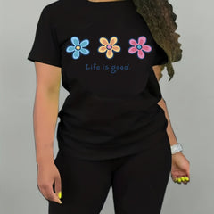 2pcs Flower Graphic Short Sleeve T shirts & Shorts Women's Activewear