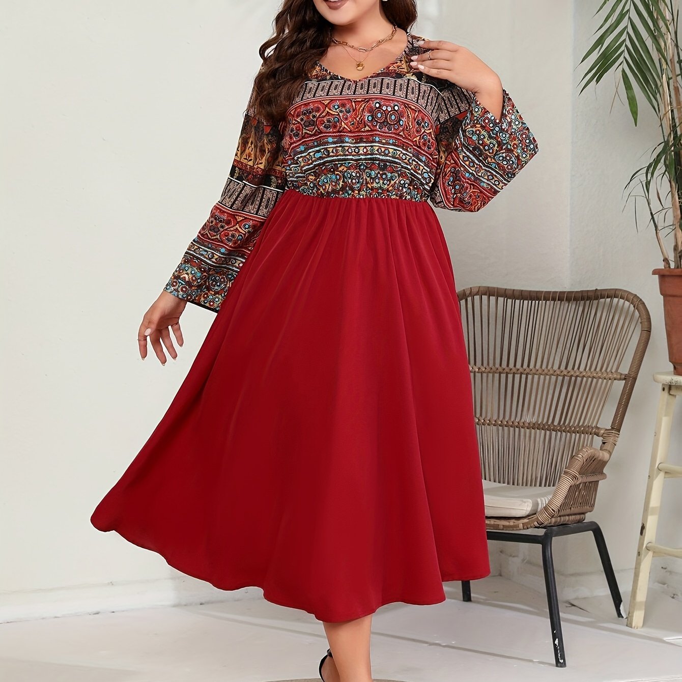 Colorblock Tribal Print Long Sleeve V Neck Maxi Dress