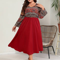 Colorblock Tribal Print Long Sleeve V Neck Maxi Dress
