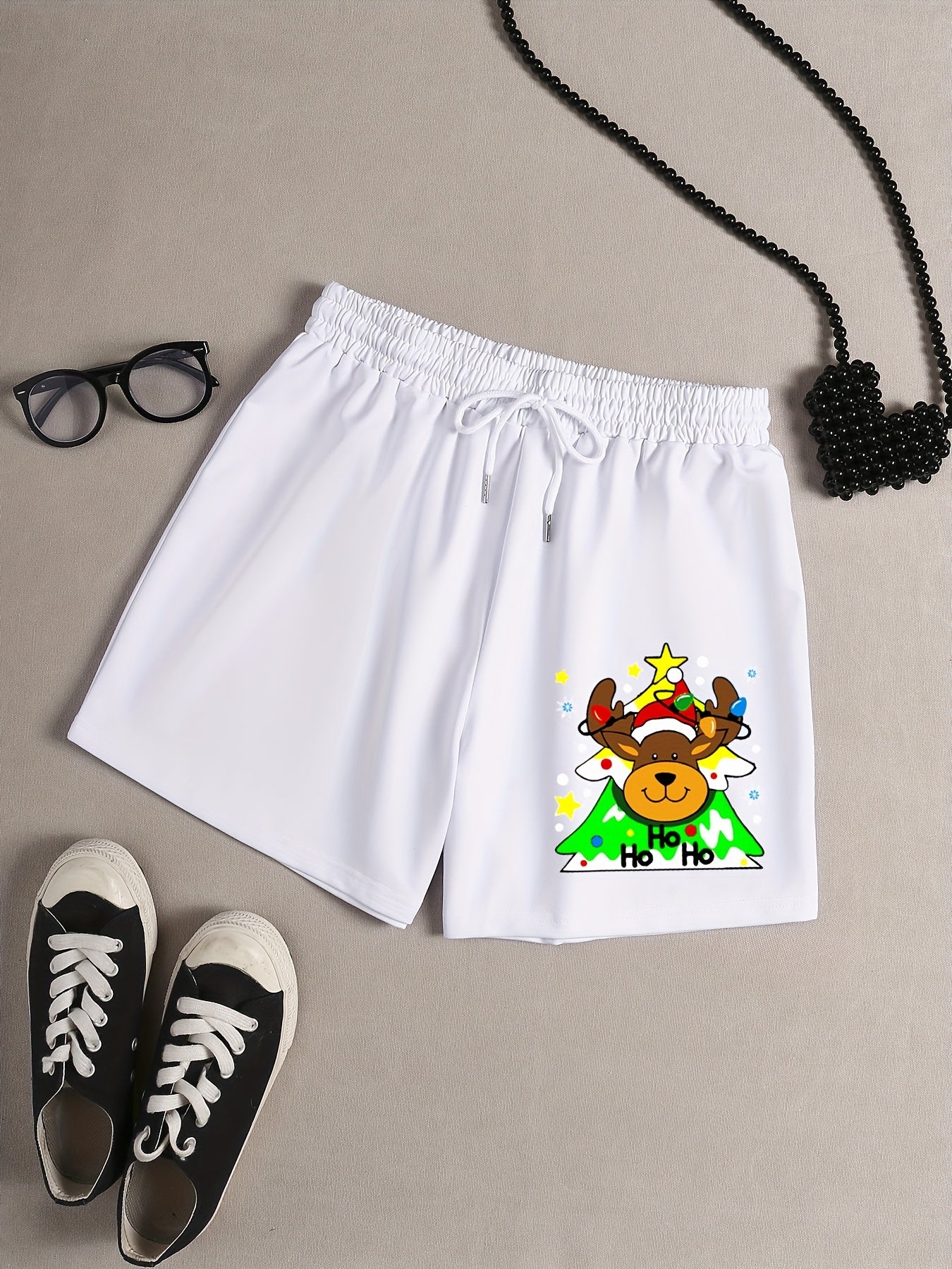 Reindeer & Snowflake Print Drawstring Shorts