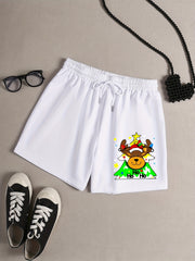 Reindeer & Snowflake Print Drawstring Shorts
