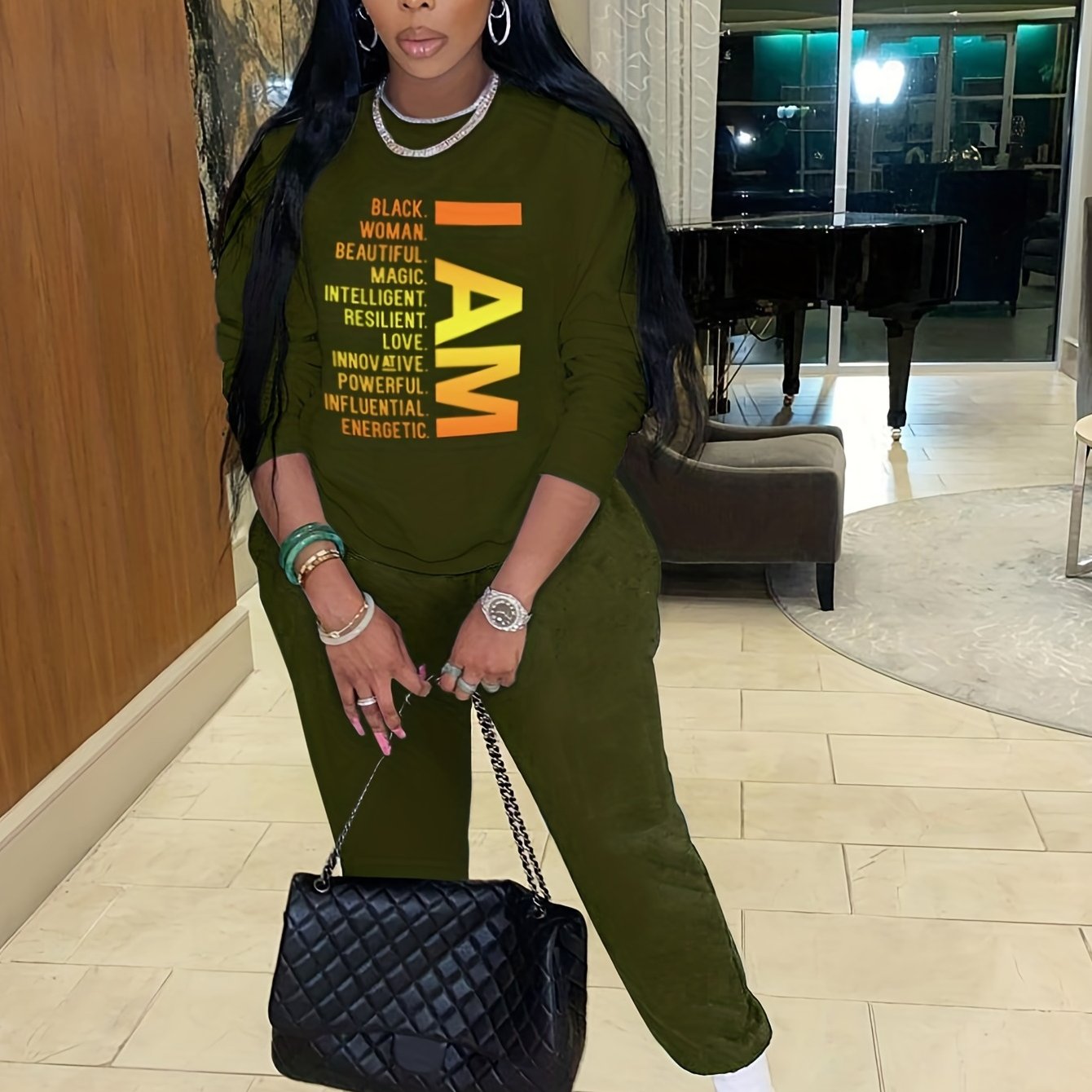 Letter Print Long Sleeve Top & Drawstring Solid Joggers Set