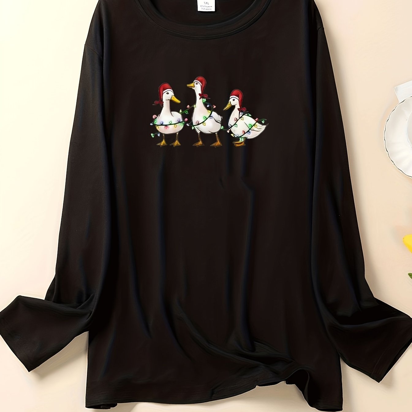 Women's Plus Christmas Lounge Top: Goose & String Lights Print