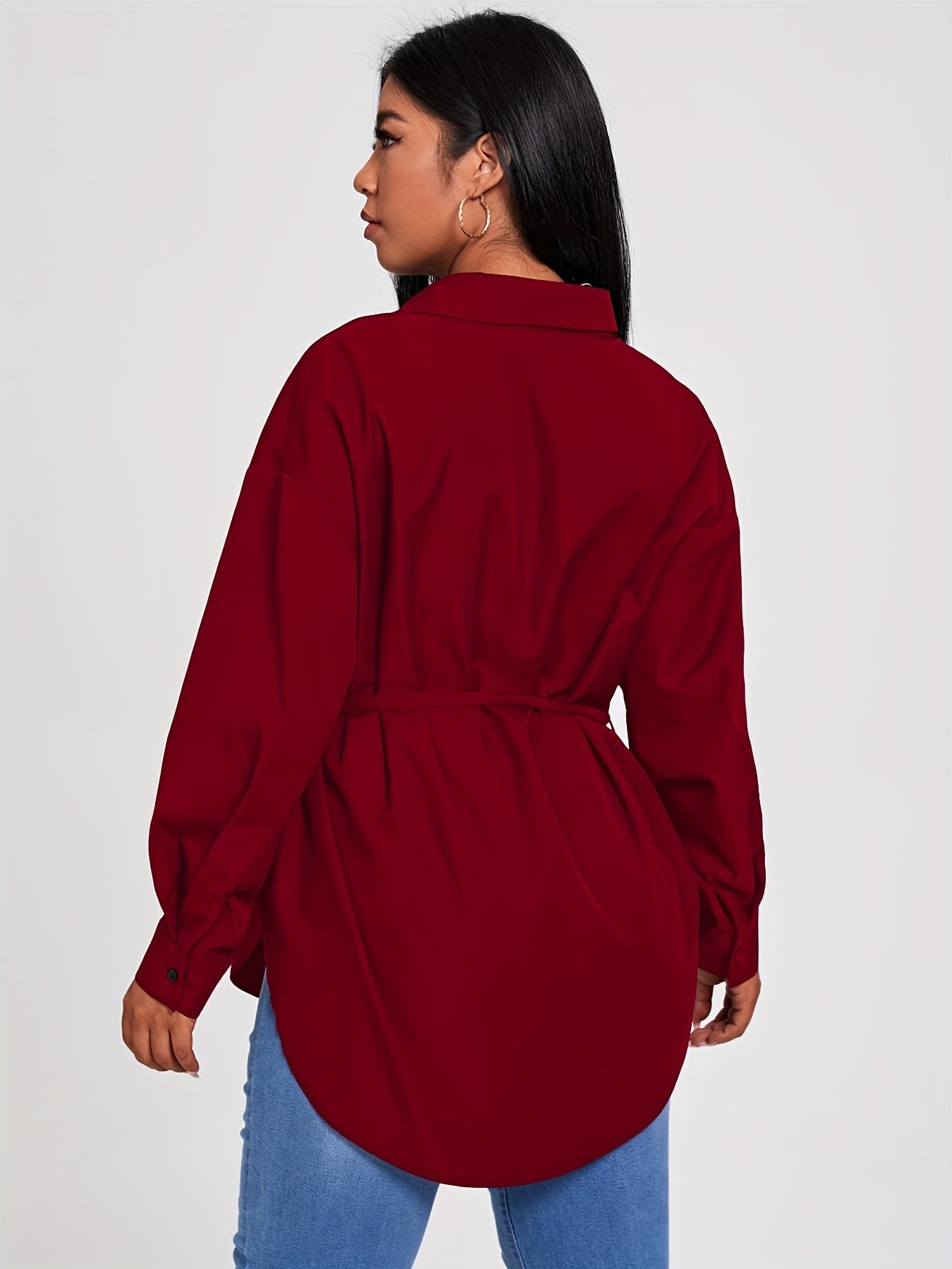 Women's Plus Long Sleeve Casual Blouse with Belt