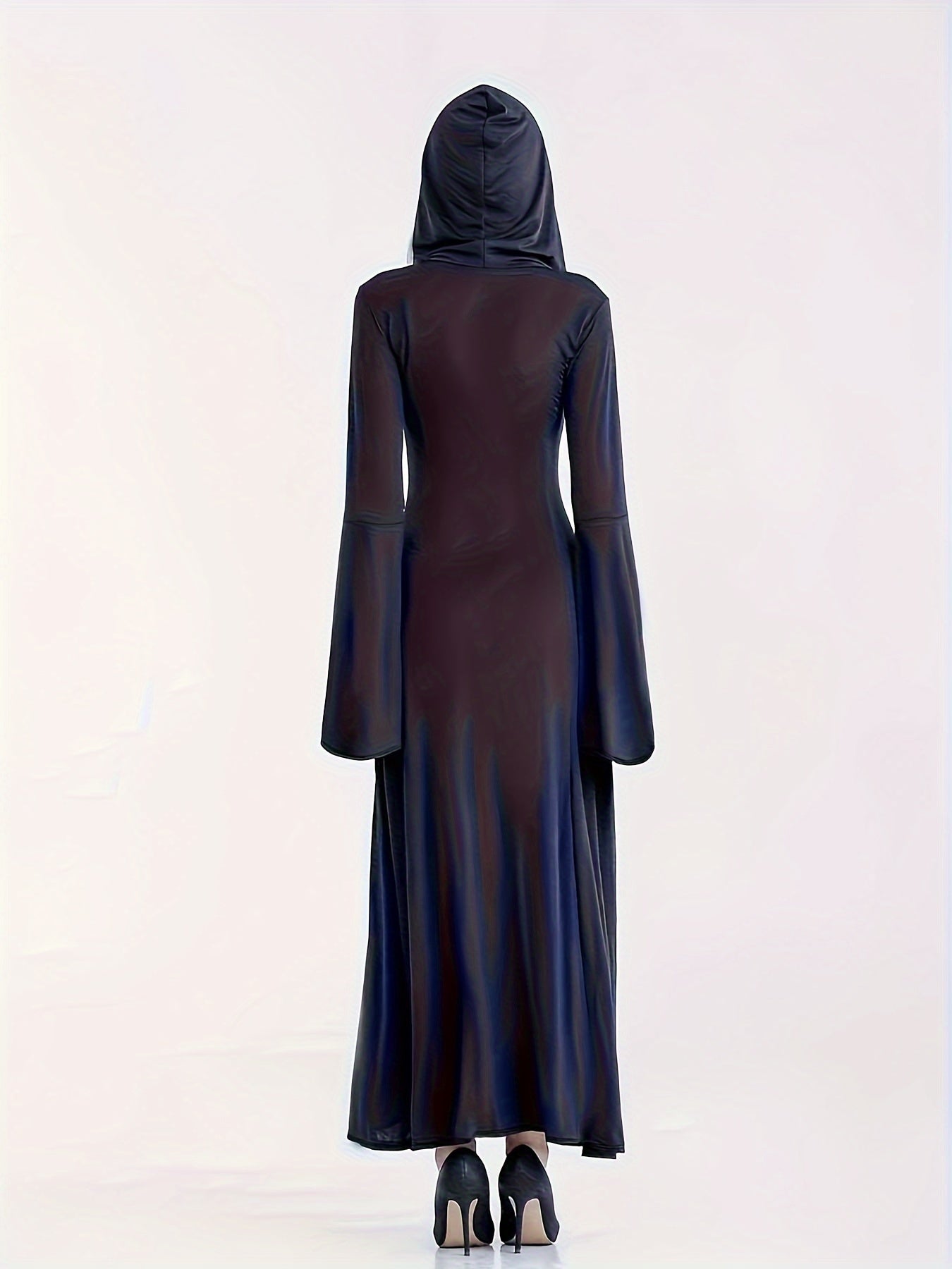 Colorblock Lace Up Bell Sleeve Hooded Maxi Dress