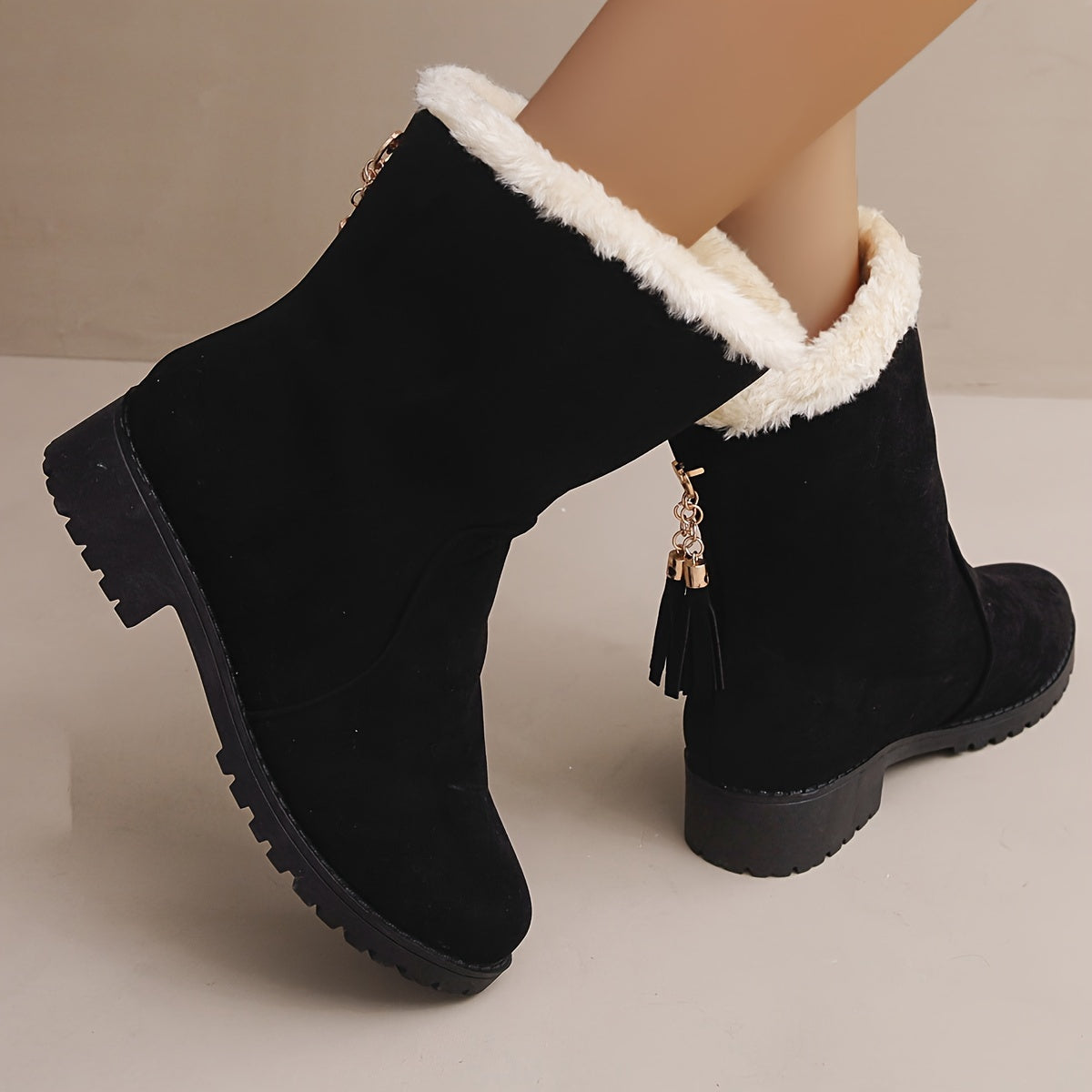 Women's Winter Snow Boots Tassel Plush Inner Low Heel Mid Calf Boots
