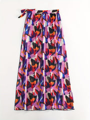 Geometric Print Tie Side Split Cover Up Skirt Semi Sheer Mesh Maxi Beach Wrap