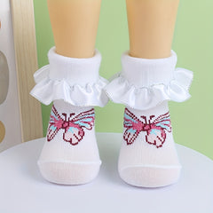 3 Pairs Baby Girl Dress Socks Butterfly Pattern Lace Ruffled Socks
