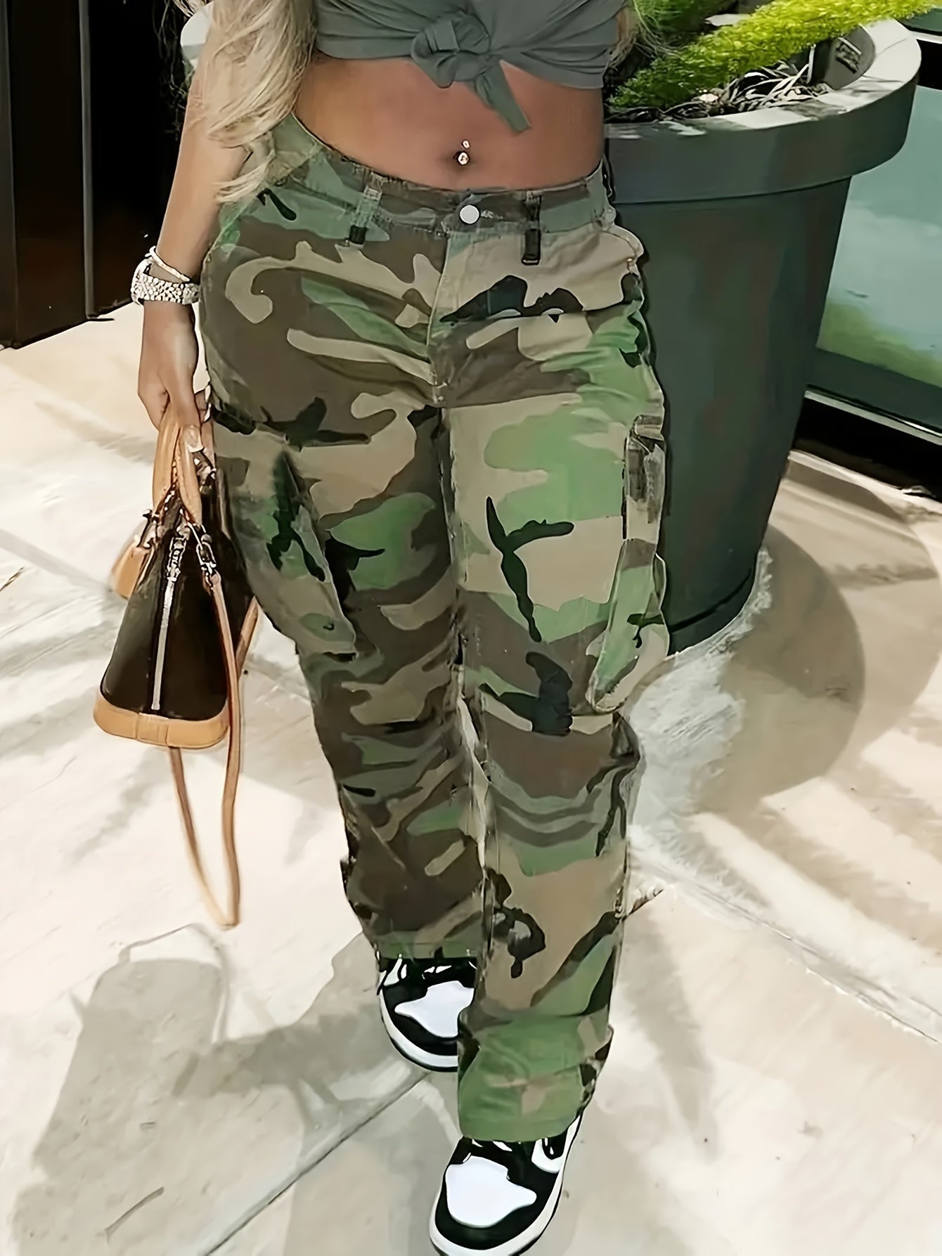Camo Print High Stretch Cargo Jeans With Pockets