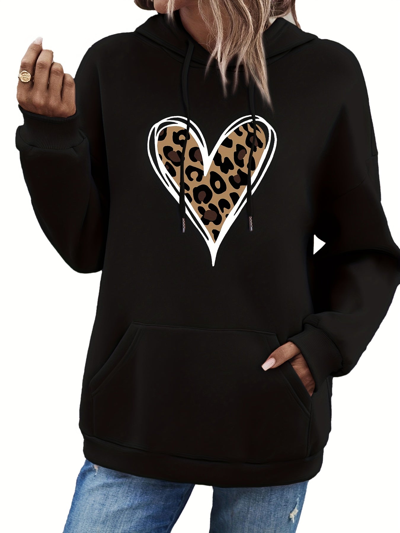 Heart Print Kangaroo Pocket Hoodie Long Sleeve Hoodies Sweatshirt