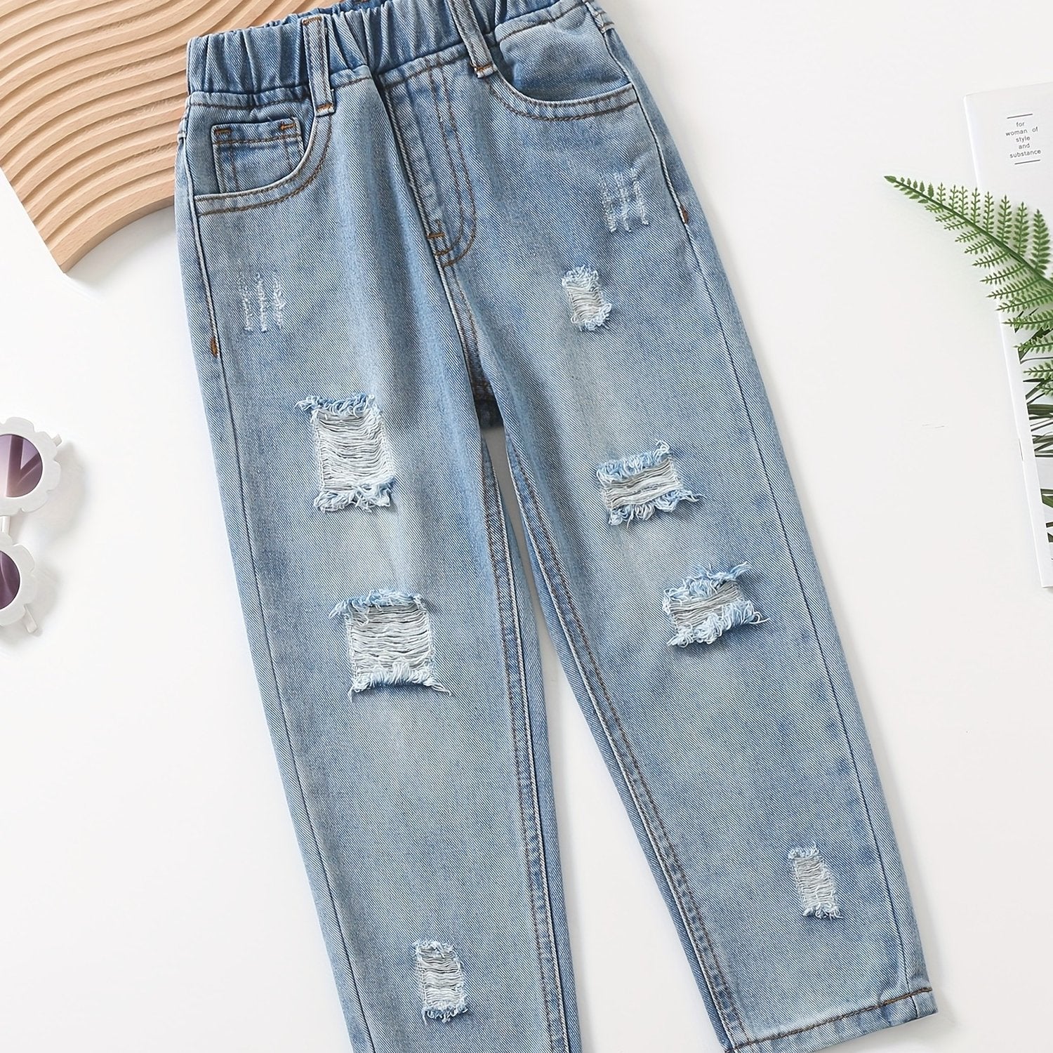 Girls' Cotton Slim Jeans Elastic Waist Ripped Jeans