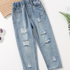 Girls' Cotton Slim Jeans Elastic Waist Ripped Jeans