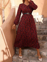 Floral Print V Neck Maxi Dress Long Sleeve High Waist