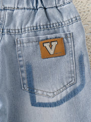 Girls Light Washed Casual Jeans Straight Leg Elastic Waist Denim Pants