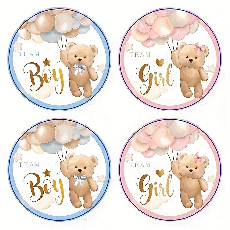 80pcs Bear Stickers Gender Reveal Boy Girl Paper Decals Pink Adhesive Round