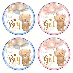 80pcs Bear Stickers Gender Reveal Boy Girl Paper Decals Pink Adhesive Round