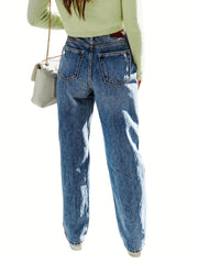Ripped High Rise Loose Fit Straight Leg Jeans