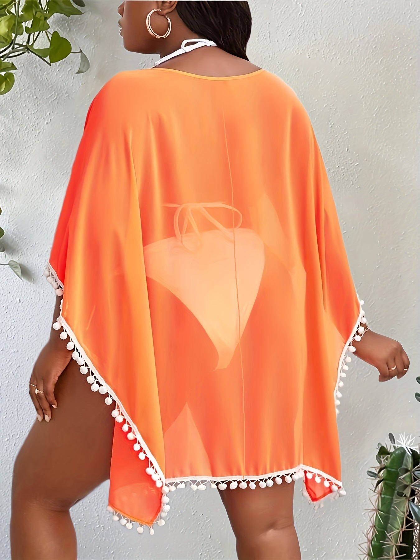 Pompom Trim Semi Sheer Contrast Mesh Cover Up Top Women's Plus