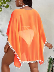 Pompom Trim Semi Sheer Contrast Mesh Cover Up Top Women's Plus