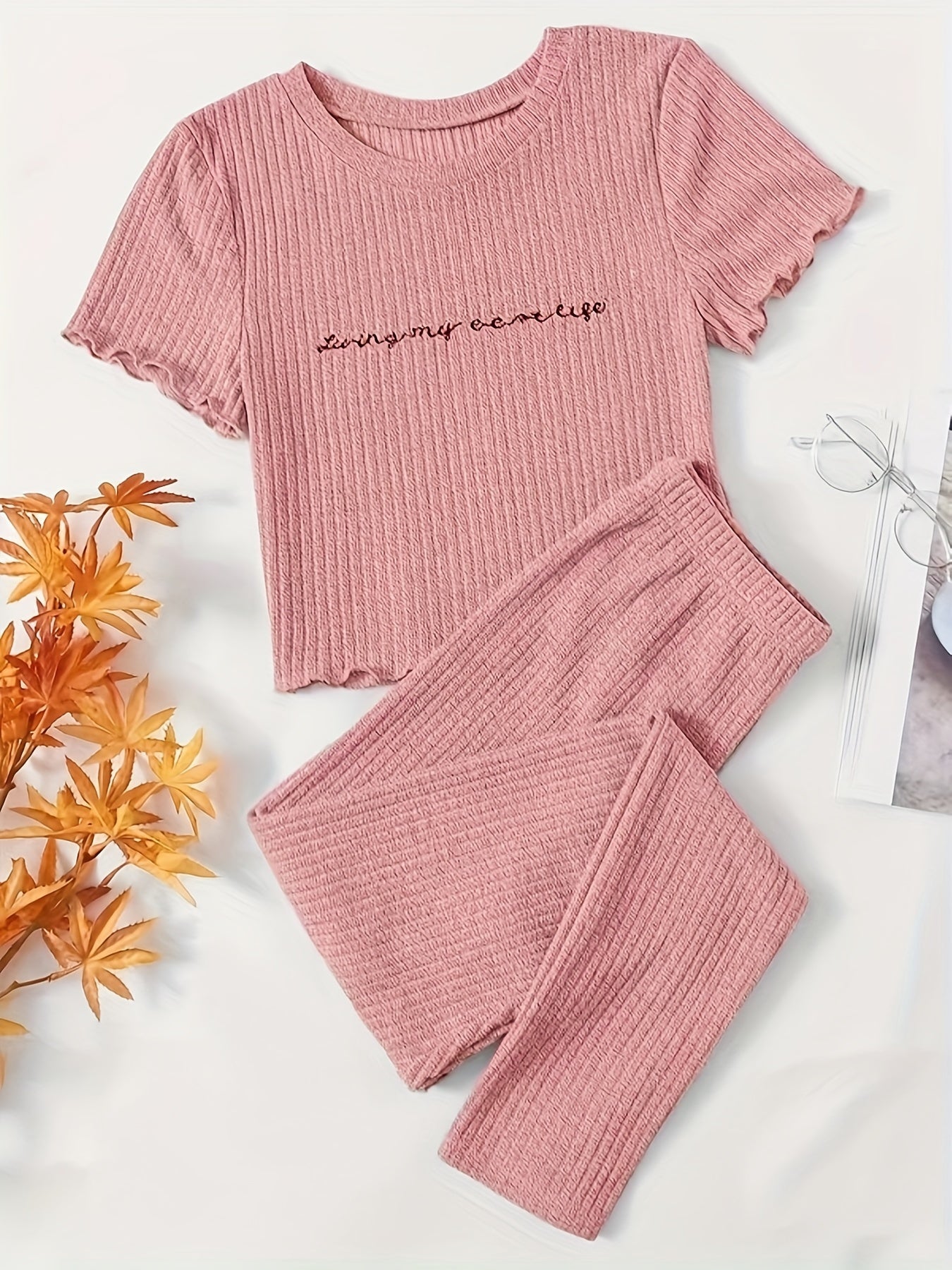 Letter Print Lounge Set Short Sleeve Top & Pants Women's Loungewear