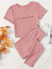 Letter Print Lounge Set Short Sleeve Top & Pants Women's Loungewear