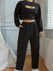 Casual 3pc Set: Cropped Long Sleeve Tops, Tank Top & Jogger Pants