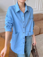 Denim Top Women's Long Sleeve Button Down Blouse With Pockets