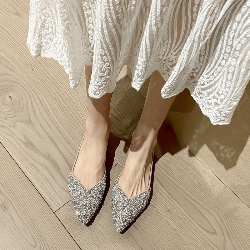 Glitter Faux Rhinestone Slip On Shoes Solid Pointed Toe Flat Shoes