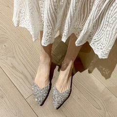 Glitter Faux Rhinestone Slip On Shoes Solid Pointed Toe Flat Shoes