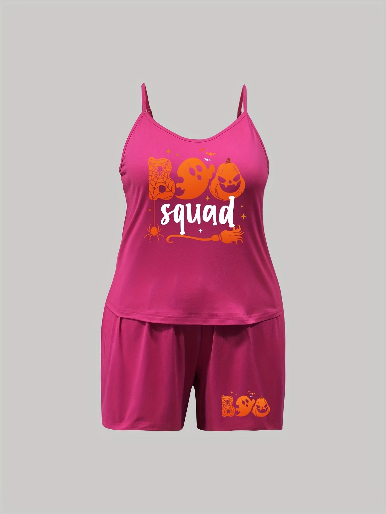 Halloween Pajama Set Women's Plus Ghost & Pumpkin Print Cami Top & Sho
