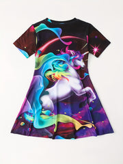Girls Unicorn Graphic Dress Crew Neck 3D Print Summer Clothes