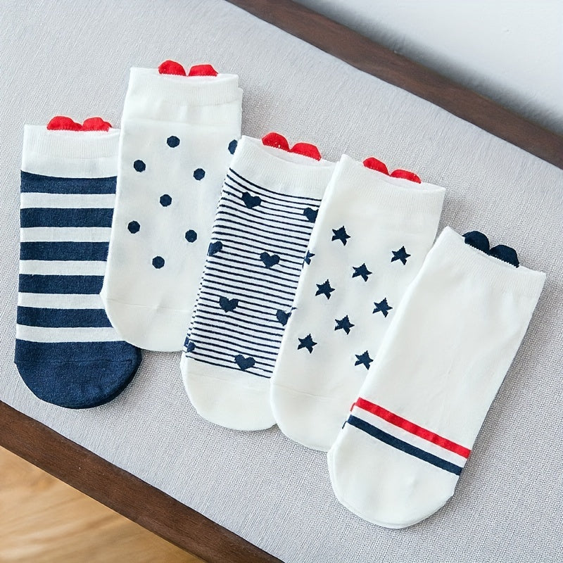5 Pairs Heart Pattern Socks & Lightweight Low Cut Ankle Socks Women's