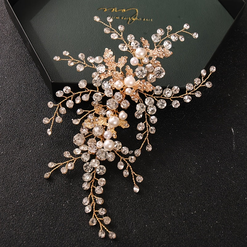 Golden Faux Pearl Bridal Comb Floral Wedding Crystal Rhinestone Comb