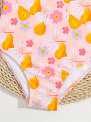 Girls Ruffle Pear Floral Print One Piece Swimsuit