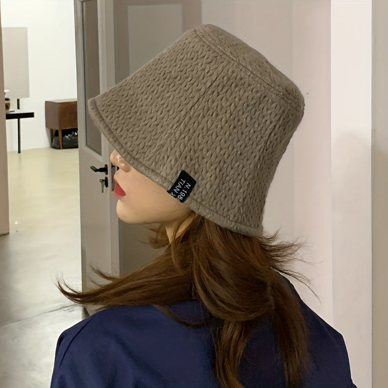 Classic Solid Bucket Hat Label Patch Ribbed Warm Basin Hat Fisherman Cap