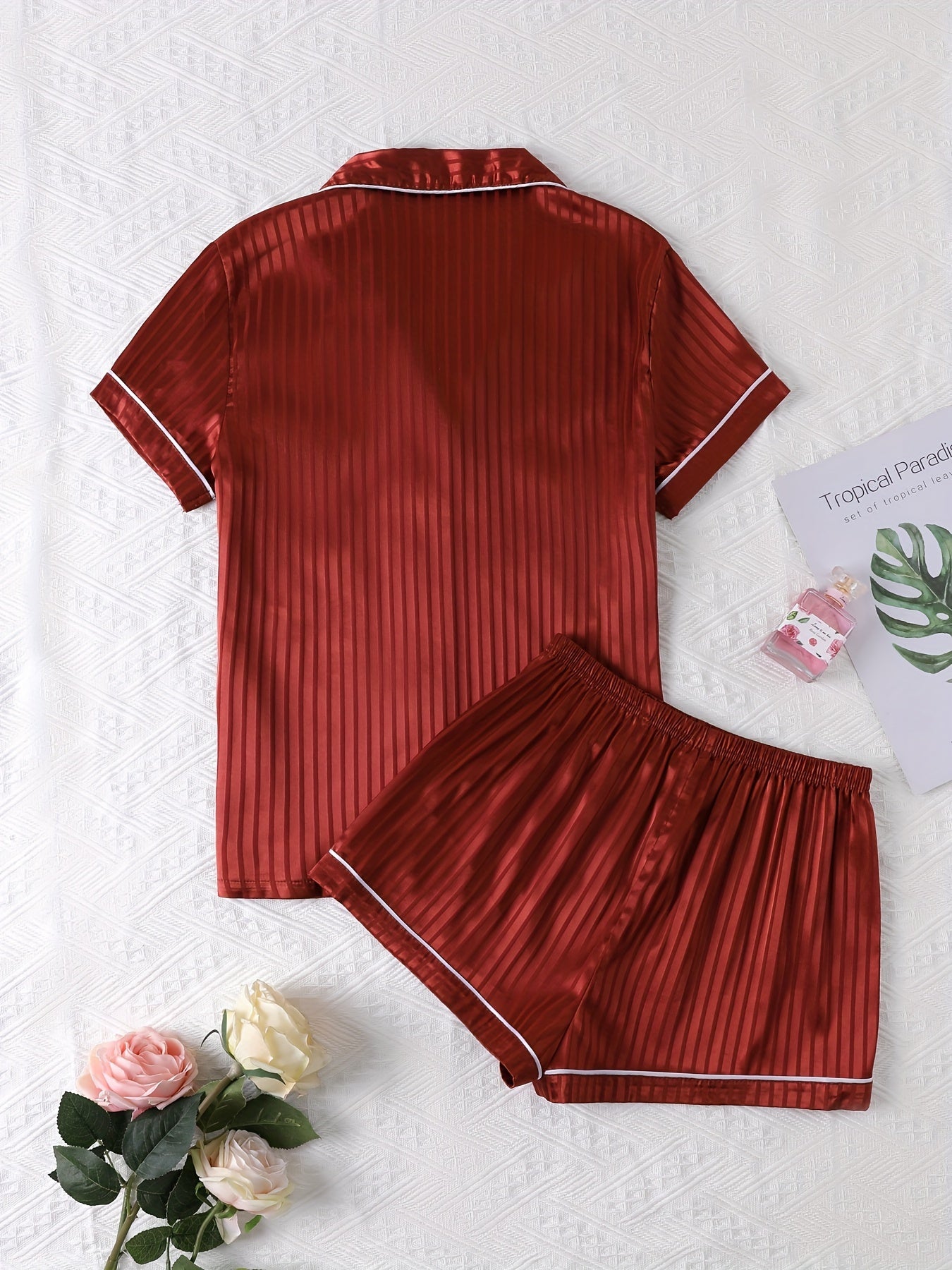 Striped Satin Pajamas Set Short Sleeve Buttons Top & Shorts