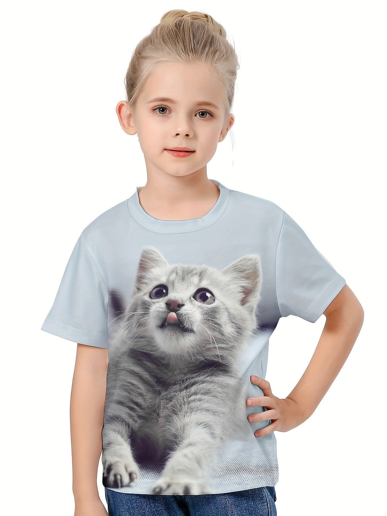 Casual Kitty Graphic Crew Neck T-Shirt Girls Summer Pullover Top